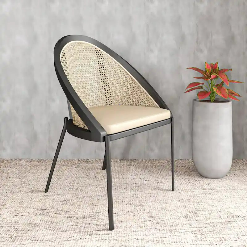 Sedia da pranzo in vinile con schienale in vimini – Grigio chiaro / Verde oliva / Crema / Tortora / Antracite, 1 posto