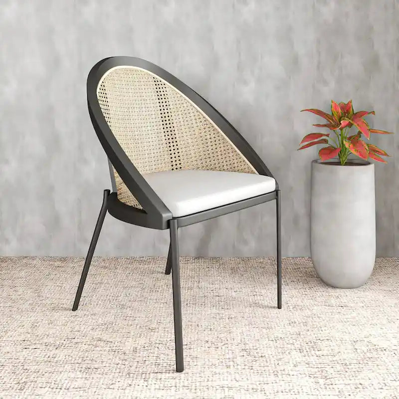 Sedia da pranzo in vinile con schienale in vimini – Grigio chiaro / Verde oliva / Crema / Tortora / Antracite, 1 posto