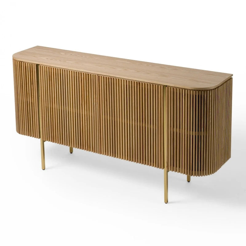 Madia in legno di frassino color beige naturale con gambe dorate, stile a 4 ante
