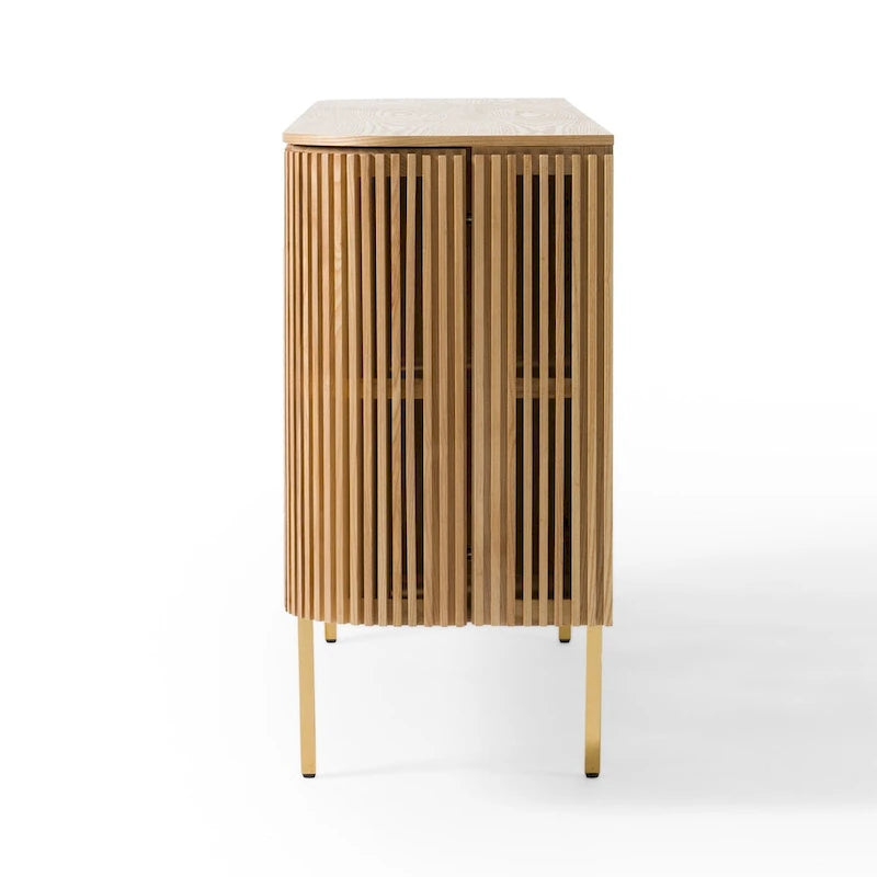 Madia in legno di frassino color beige naturale con gambe dorate, stile a 4 ante
