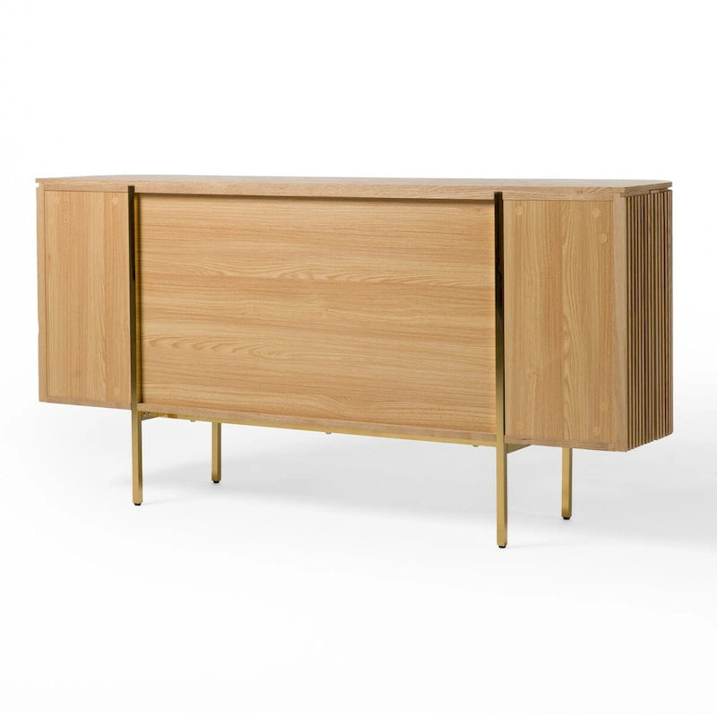 Madia in legno di frassino color beige naturale con gambe dorate, stile a 4 ante