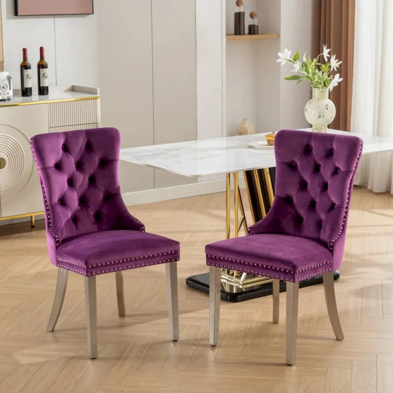 Sedia da pranzo trapuntata in velluto verde oliva / viola, gambe cromate, 1 posto