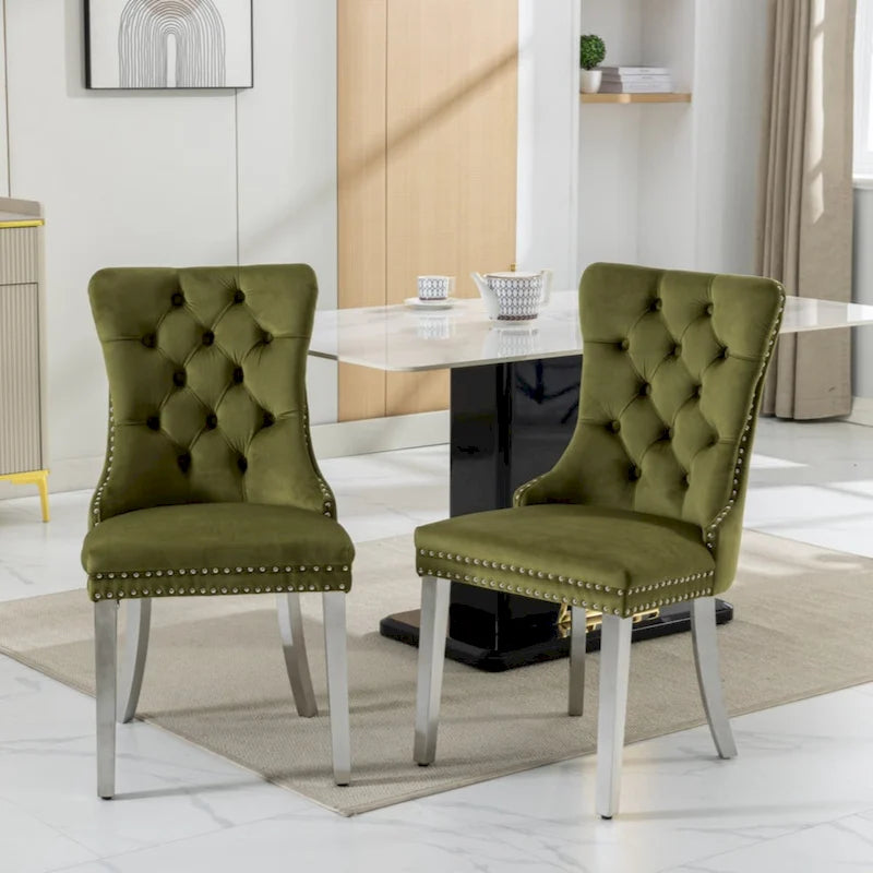 Sedia da pranzo trapuntata in velluto verde oliva / viola, gambe cromate, 1 posto