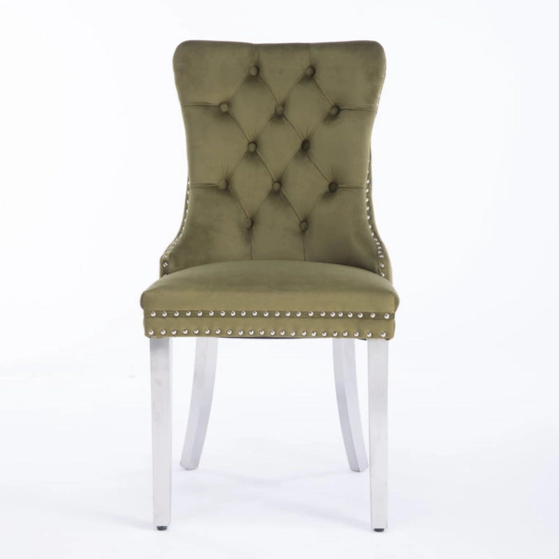 Sedia da pranzo trapuntata in velluto verde oliva / viola, gambe cromate, 1 posto