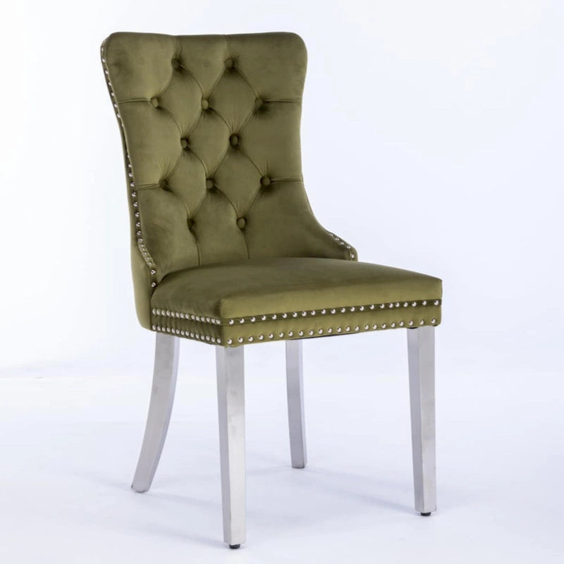 Sedia da pranzo trapuntata in velluto verde oliva / viola, gambe cromate, 1 posto
