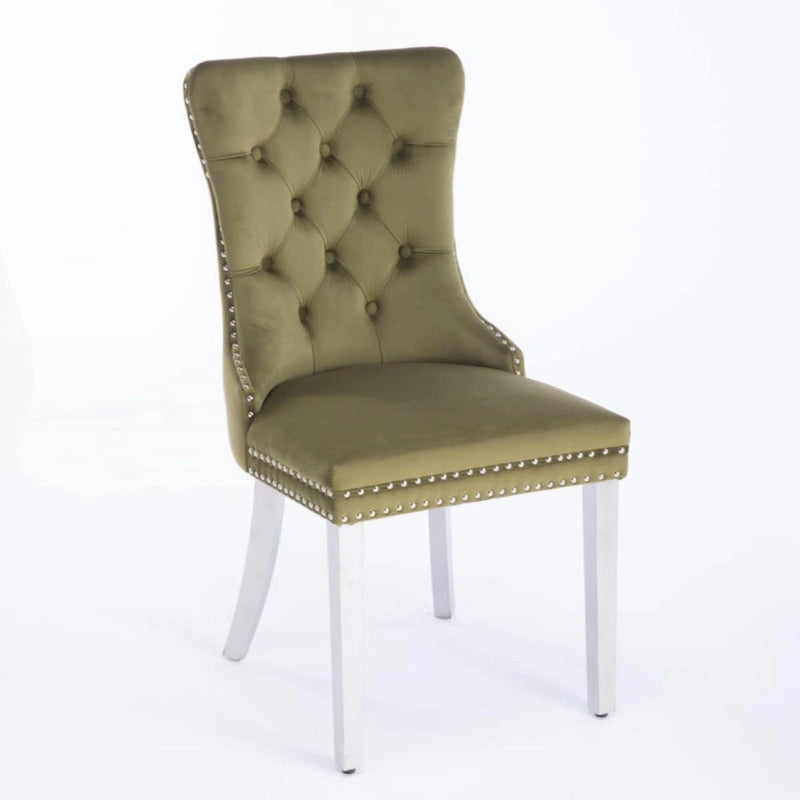 Sedia da pranzo trapuntata in velluto verde oliva / viola, gambe cromate, 1 posto