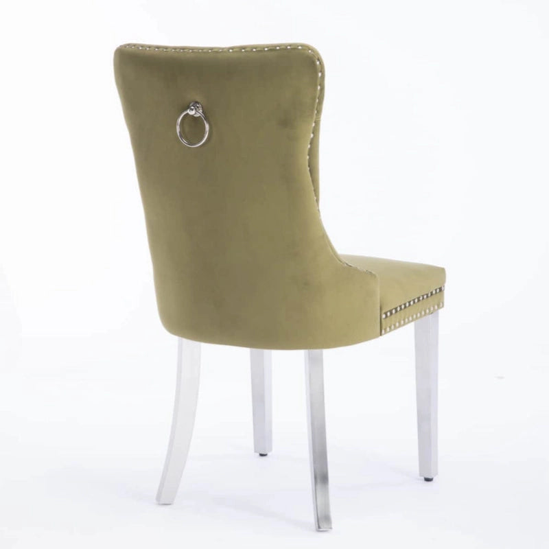 Sedia da pranzo trapuntata in velluto verde oliva / viola, gambe cromate, 1 posto