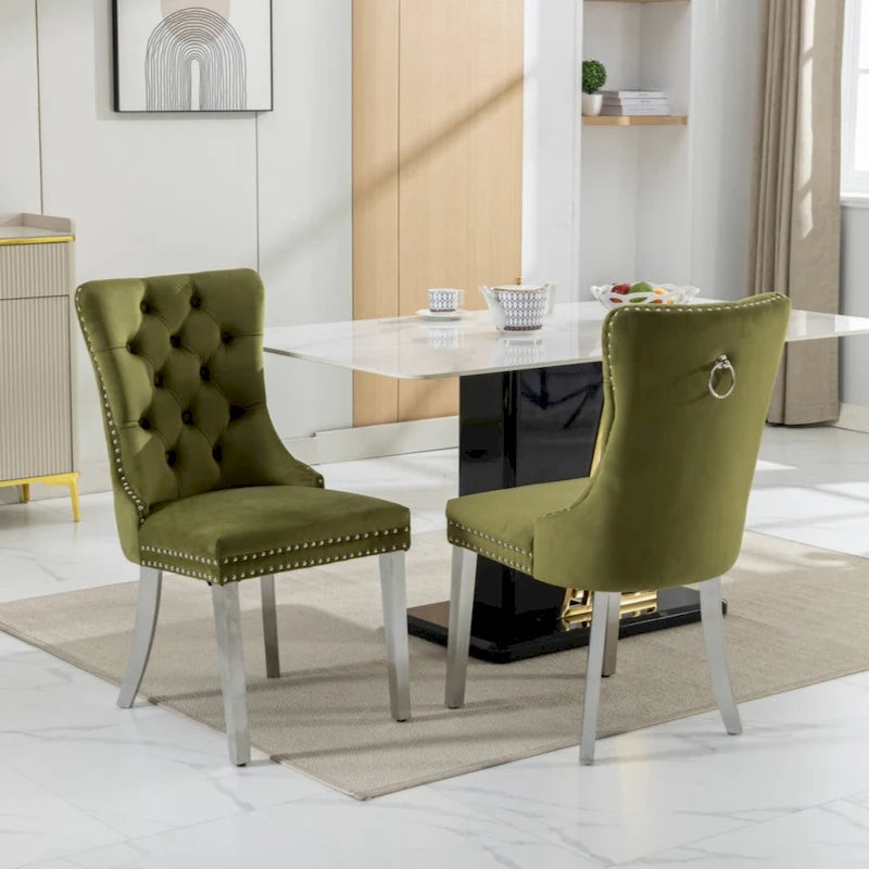Sedia da pranzo trapuntata in velluto verde oliva / viola, gambe cromate, 1 posto