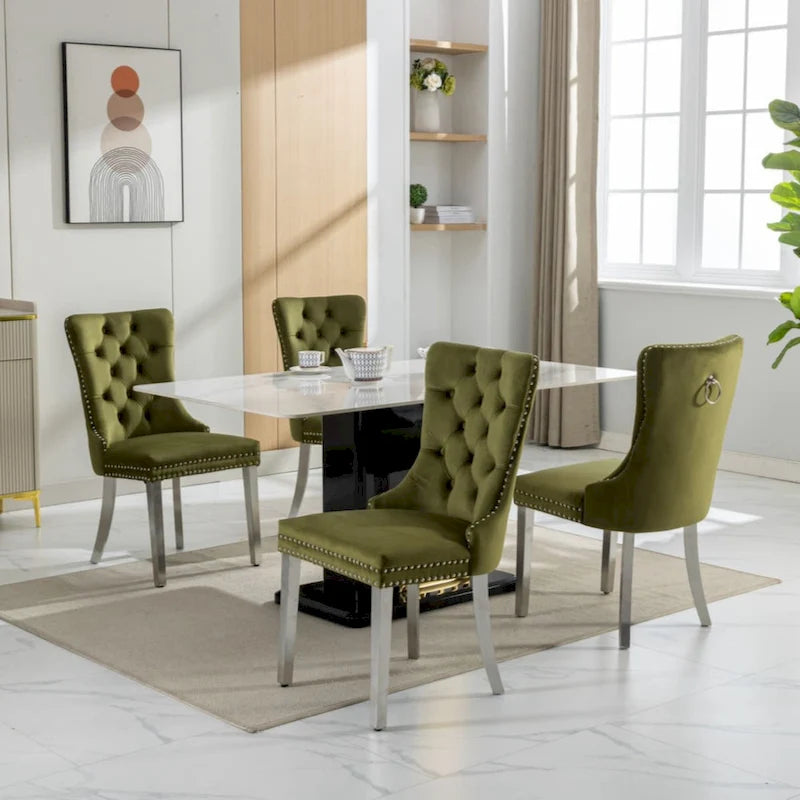 Sedia da pranzo trapuntata in velluto verde oliva / viola, gambe cromate, 1 posto