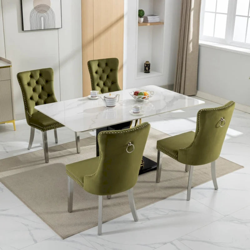 Sedia da pranzo trapuntata in velluto verde oliva / viola, gambe cromate, 1 posto