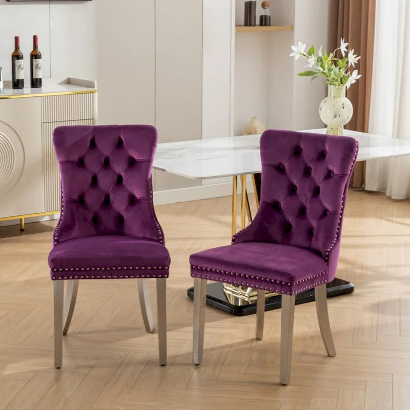 Sedia da pranzo trapuntata in velluto verde oliva / viola, gambe cromate, 1 posto