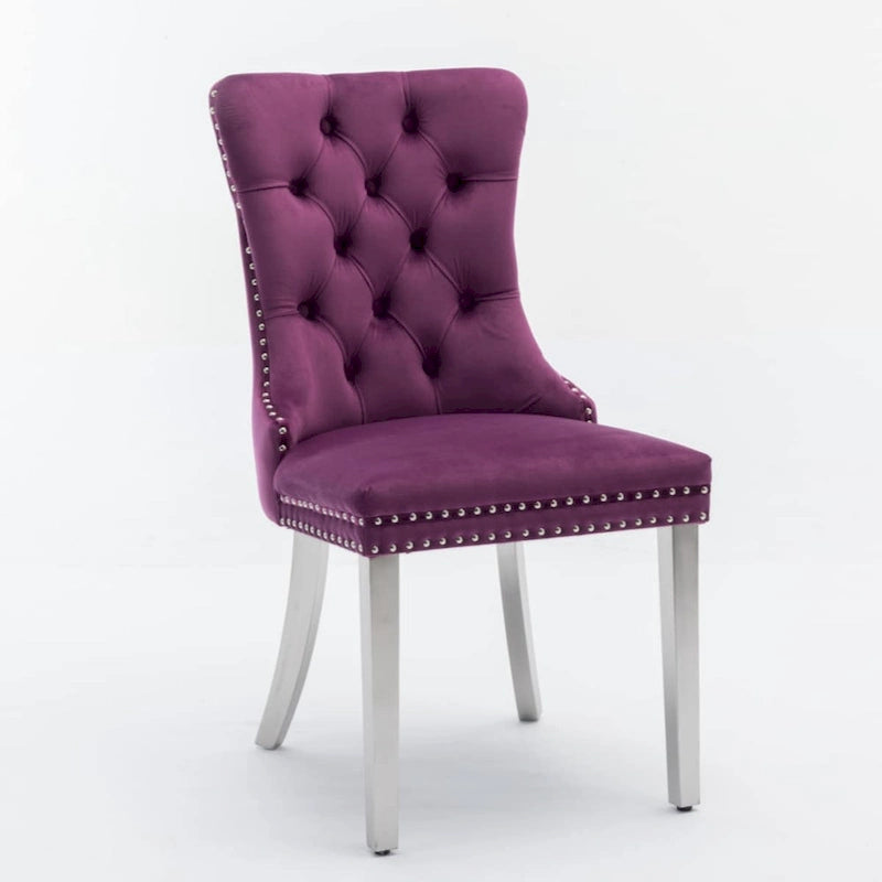 Sedia da pranzo trapuntata in velluto verde oliva / viola, gambe cromate, 1 posto