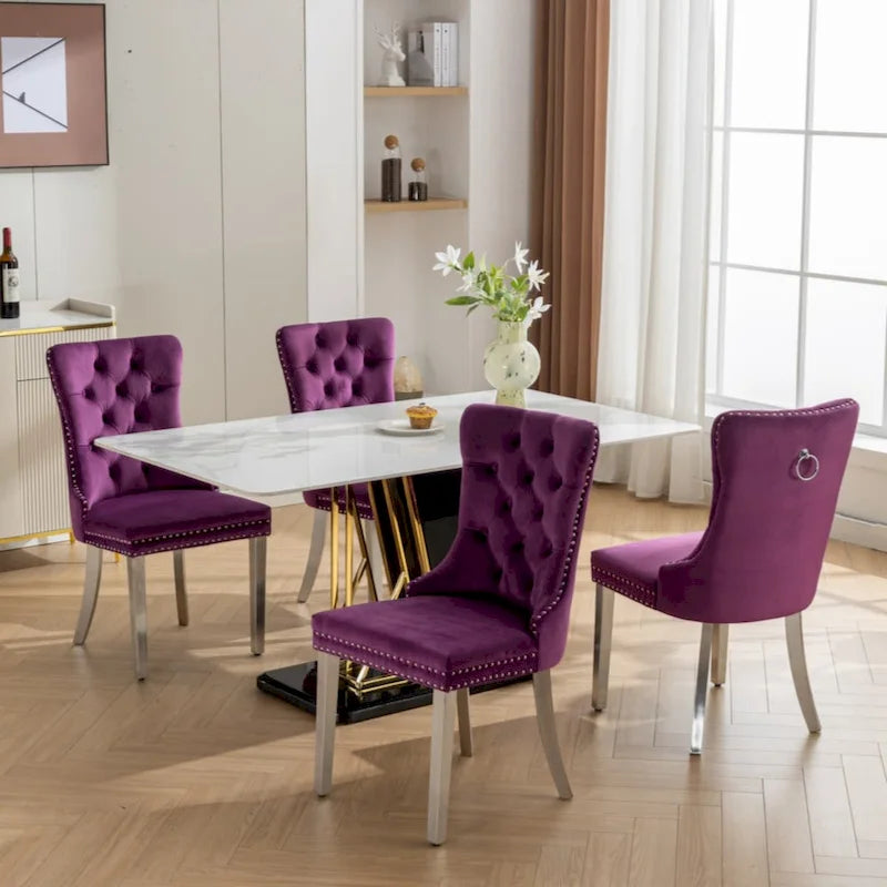 Sedia da pranzo trapuntata in velluto verde oliva / viola, gambe cromate, 1 posto