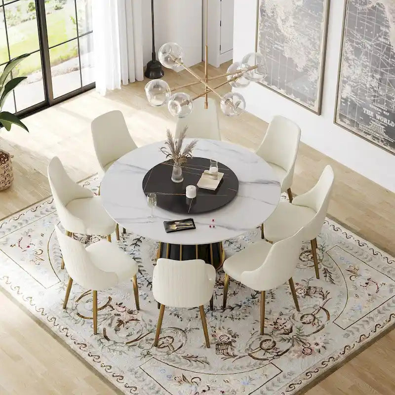 Tavolo da pranzo rotondo bianco con piano in pietra sinterizzata e lazy Susan, posti a sedere 6–8
