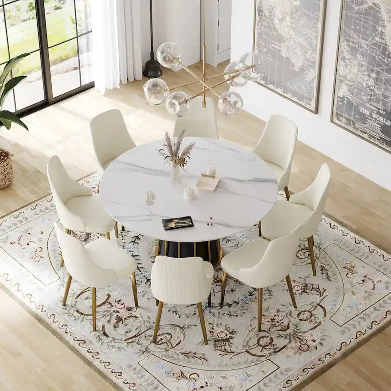 Tavolo da pranzo rotondo bianco con piano in pietra sinterizzata e lazy Susan, posti a sedere 6–8