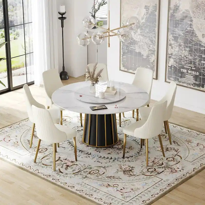 Tavolo da pranzo rotondo bianco con piano in pietra sinterizzata e lazy Susan, posti a sedere 6–8