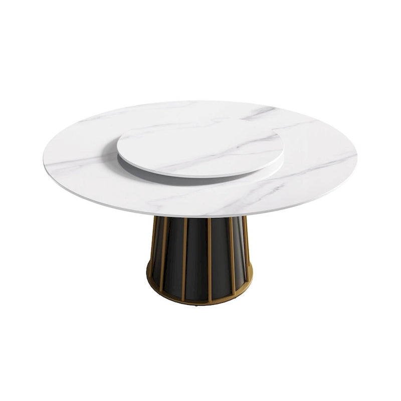 Tavolo da pranzo rotondo bianco con piano in pietra sinterizzata e lazy Susan, posti a sedere 6–8