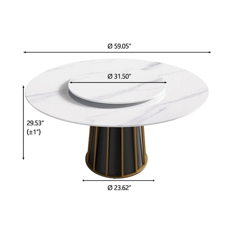 Tavolo da pranzo rotondo bianco con piano in pietra sinterizzata e lazy Susan, posti a sedere 6–8