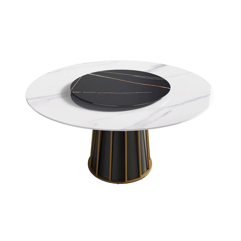 Tavolo da pranzo rotondo bianco con piano in pietra sinterizzata e lazy Susan, posti a sedere 6–8