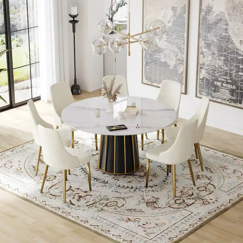 Tavolo da pranzo rotondo bianco con piano in pietra sinterizzata e lazy Susan, posti a sedere 6–8