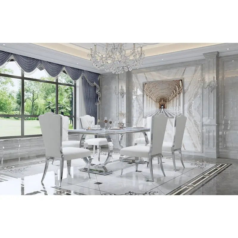 Tavolo da pranzo rettangolare specchiato bianco/argento/nero, 8 posti a sedere