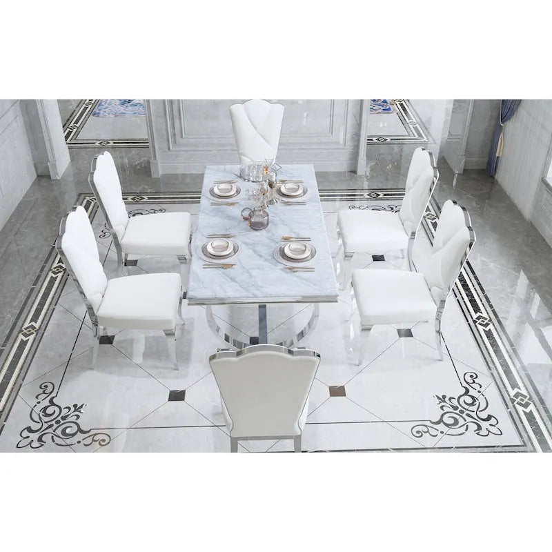 Tavolo da pranzo rettangolare specchiato bianco/argento/nero, 8 posti a sedere