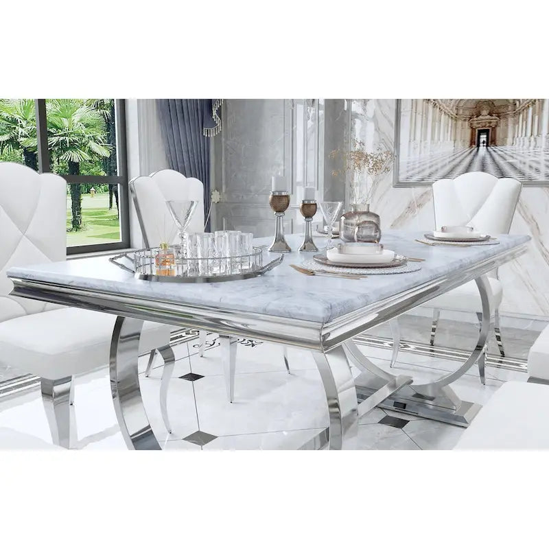 Tavolo da pranzo rettangolare specchiato bianco/argento/nero, 8 posti a sedere