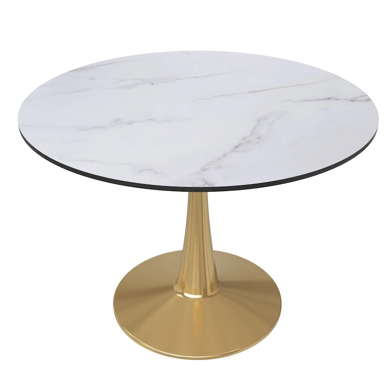 Tavolo da pranzo rotondo per 4, bianco/nero/bianco marmorizzato, con piano in MDF e base a piedistallo in acciaio