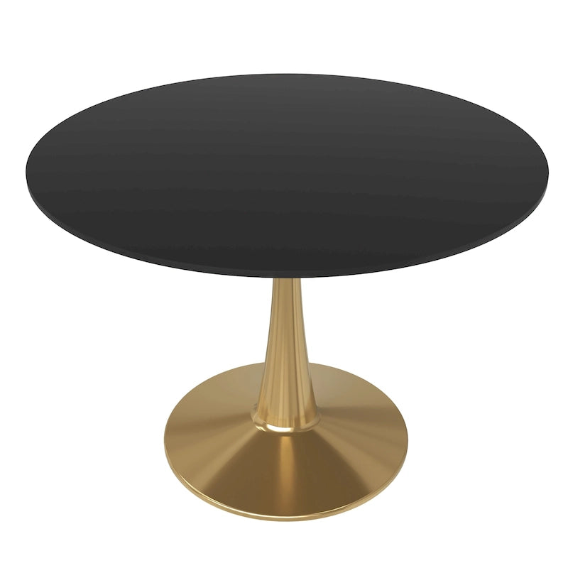 Tavolo da pranzo rotondo per 4, bianco/nero/bianco marmorizzato, con piano in MDF e base a piedistallo in acciaio