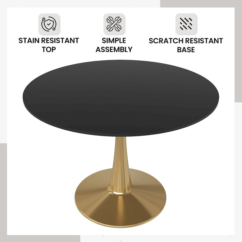 Tavolo da pranzo rotondo per 4, bianco/nero/bianco marmorizzato, con piano in MDF e base a piedistallo in acciaio