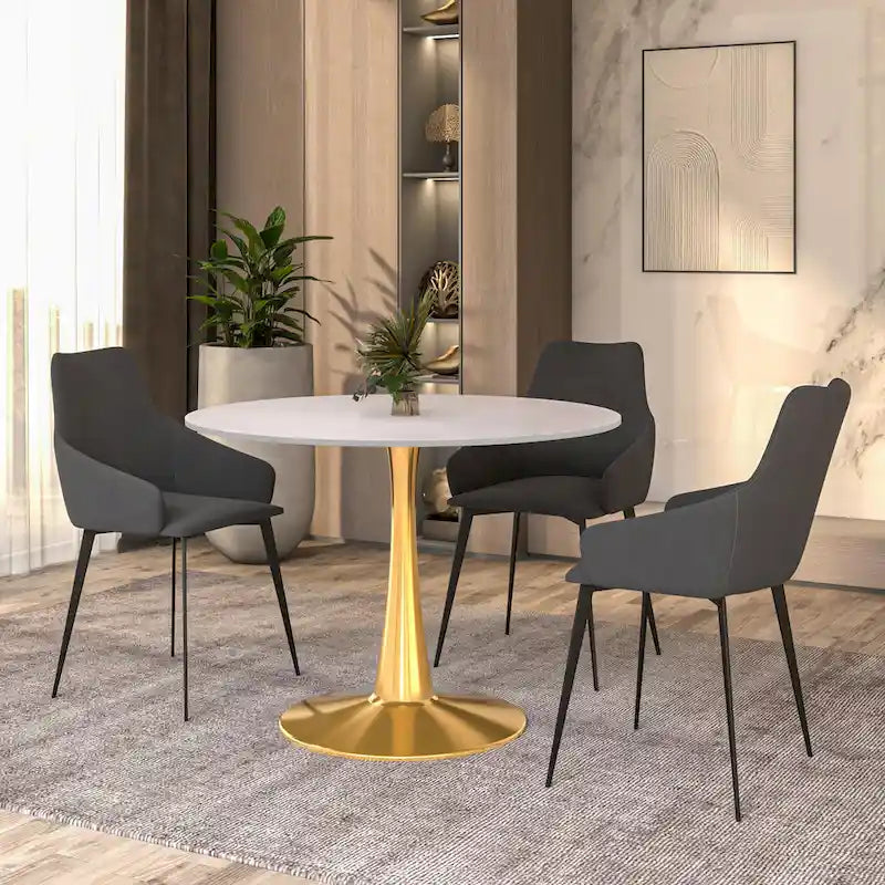 Tavolo da pranzo rotondo per 4, bianco/nero/bianco marmorizzato, con piano in MDF e base a piedistallo in acciaio