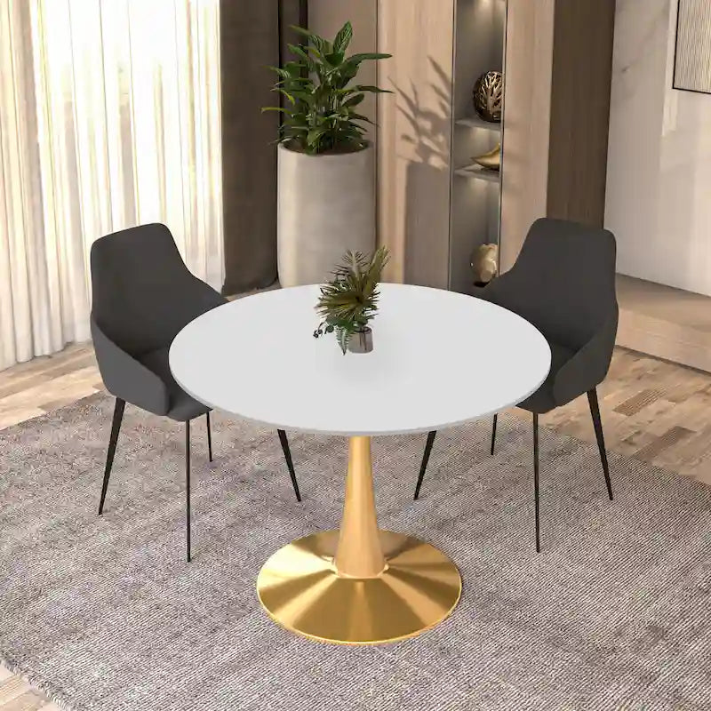 Tavolo da pranzo rotondo per 4, bianco/nero/bianco marmorizzato, con piano in MDF e base a piedistallo in acciaio