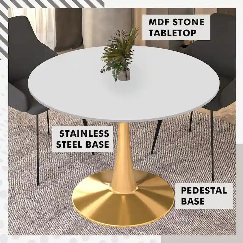 Tavolo da pranzo rotondo per 4, bianco/nero/bianco marmorizzato, con piano in MDF e base a piedistallo in acciaio