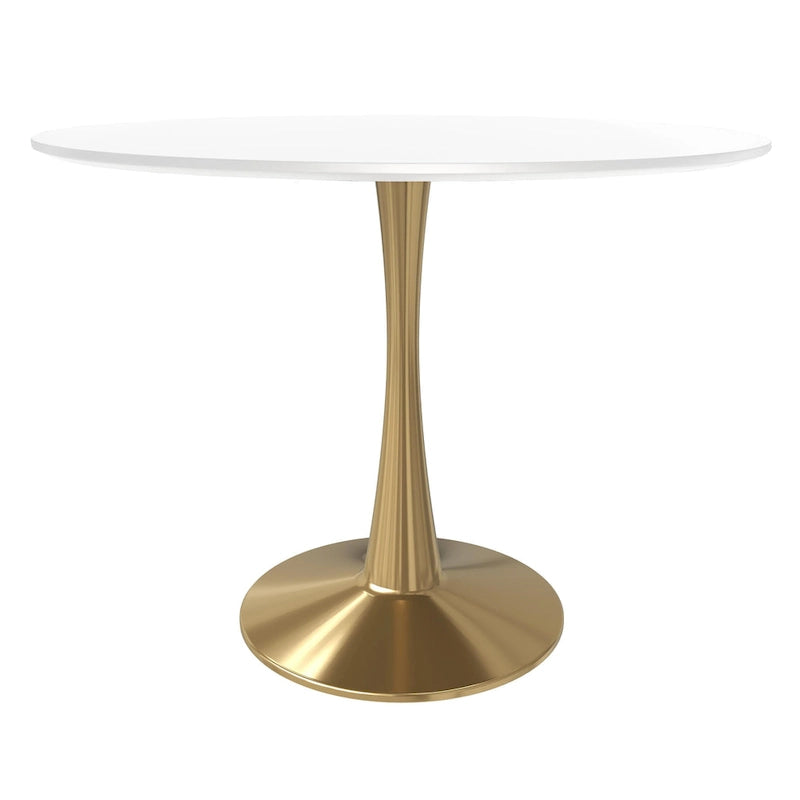 Tavolo da pranzo rotondo per 4, bianco/nero/bianco marmorizzato, con piano in MDF e base a piedistallo in acciaio
