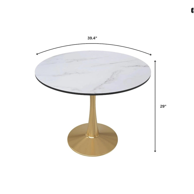 Tavolo da pranzo rotondo per 4, bianco/nero/bianco marmorizzato, con piano in MDF e base a piedistallo in acciaio
