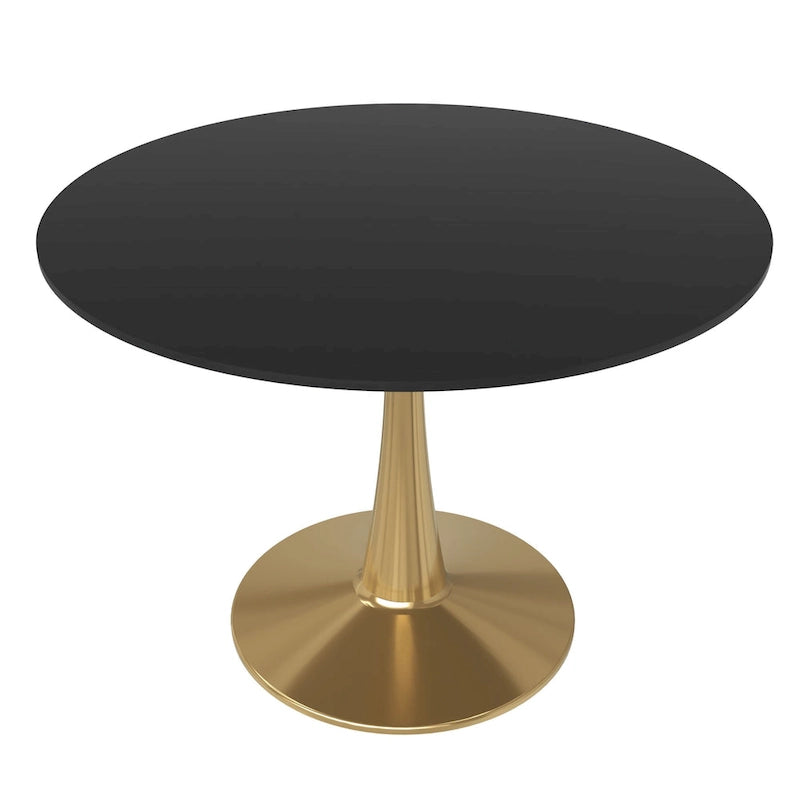 Tavolo da pranzo rotondo per 4, bianco/nero/bianco marmorizzato, con piano in MDF e base a piedistallo in acciaio
