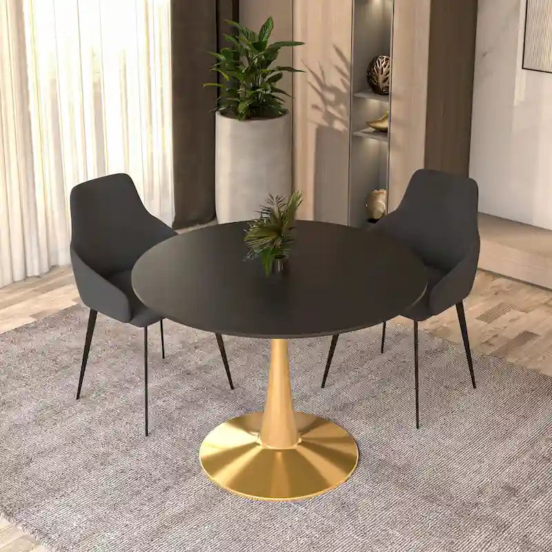 Tavolo da pranzo rotondo per 4, bianco/nero/bianco marmorizzato, con piano in MDF e base a piedistallo in acciaio