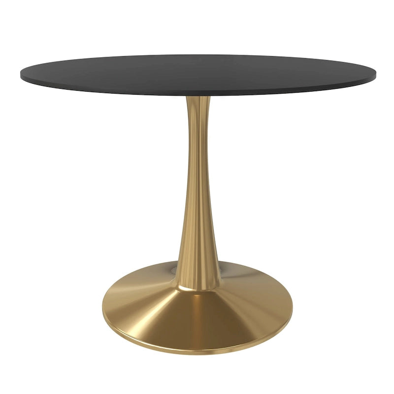 Tavolo da pranzo rotondo per 4, bianco/nero/bianco marmorizzato, con piano in MDF e base a piedistallo in acciaio