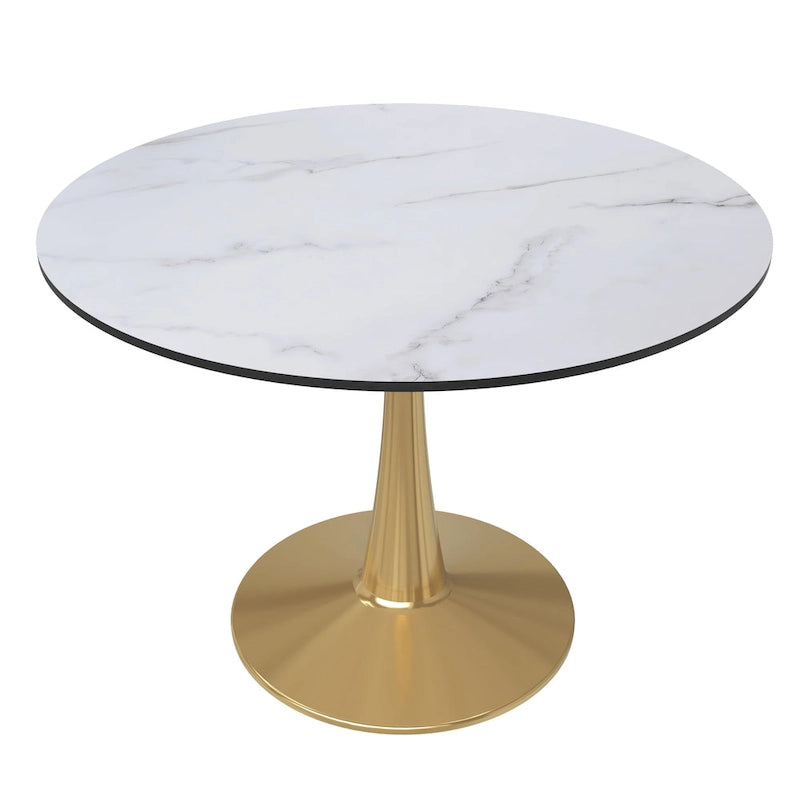 Tavolo da pranzo rotondo per 4, bianco/nero/bianco marmorizzato, con piano in MDF e base a piedistallo in acciaio