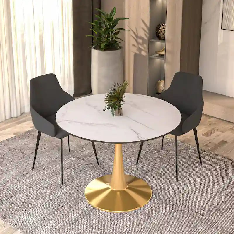 Tavolo da pranzo rotondo per 4, bianco/nero/bianco marmorizzato, con piano in MDF e base a piedistallo in acciaio