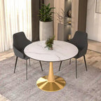 Tavolo da pranzo rotondo per 4, bianco/nero/bianco marmorizzato, con piano in MDF e base a piedistallo in acciaio