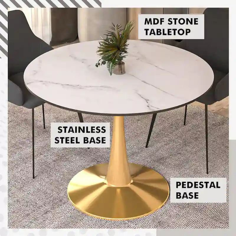 Tavolo da pranzo rotondo per 4, bianco/nero/bianco marmorizzato, con piano in MDF e base a piedistallo in acciaio