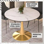 Tavolo da pranzo rotondo per 4, bianco/nero/bianco marmorizzato, con piano in MDF e base a piedistallo in acciaio