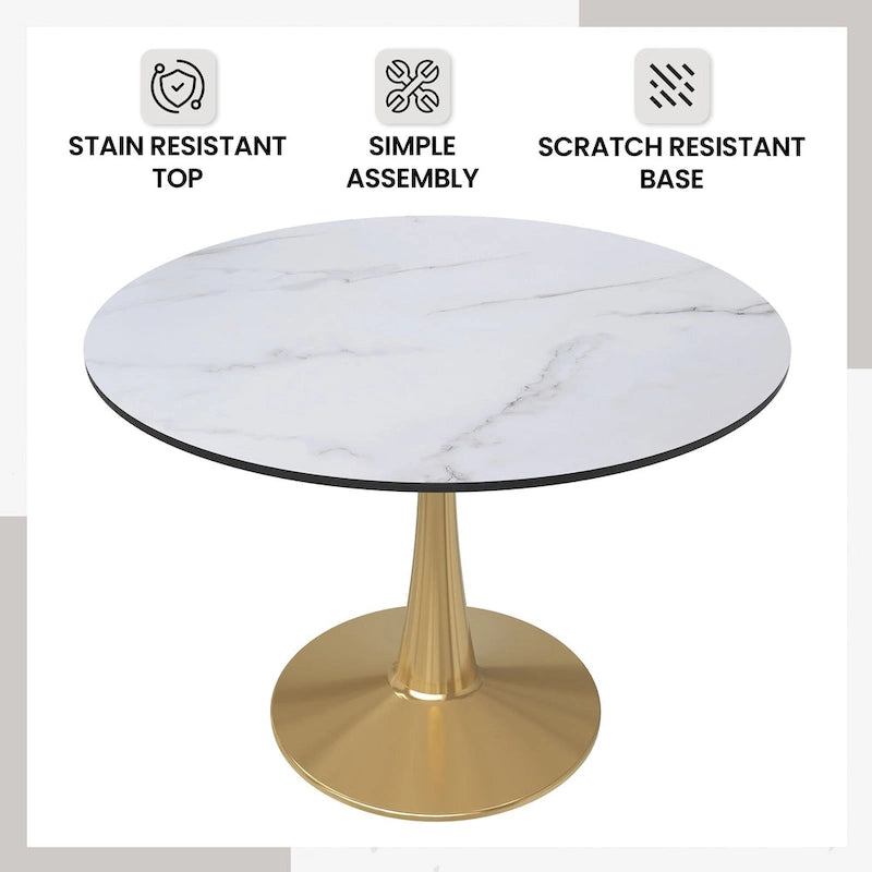Tavolo da pranzo rotondo per 4, bianco/nero/bianco marmorizzato, con piano in MDF e base a piedistallo in acciaio