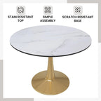 Tavolo da pranzo rotondo per 4, bianco/nero/bianco marmorizzato, con piano in MDF e base a piedistallo in acciaio