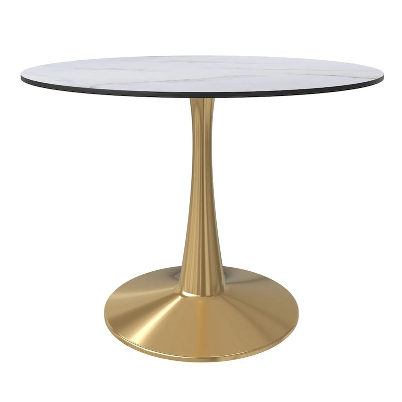 Tavolo da pranzo rotondo per 4, bianco/nero/bianco marmorizzato, con piano in MDF e base a piedistallo in acciaio