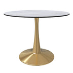 Tavolo da pranzo rotondo per 4, bianco/nero/bianco marmorizzato, con piano in MDF e base a piedistallo in acciaio