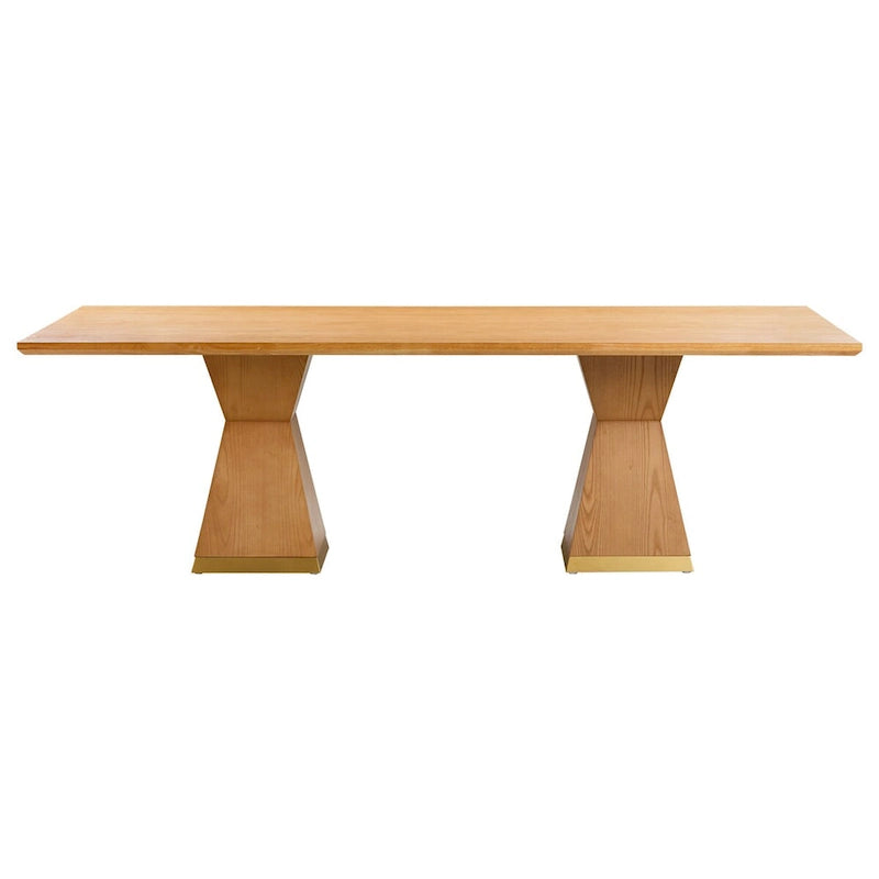 Tavolo da Pranzo Rettangolare in Legno Naturale con Base in Ottone, 8–10 Posti a Sedere