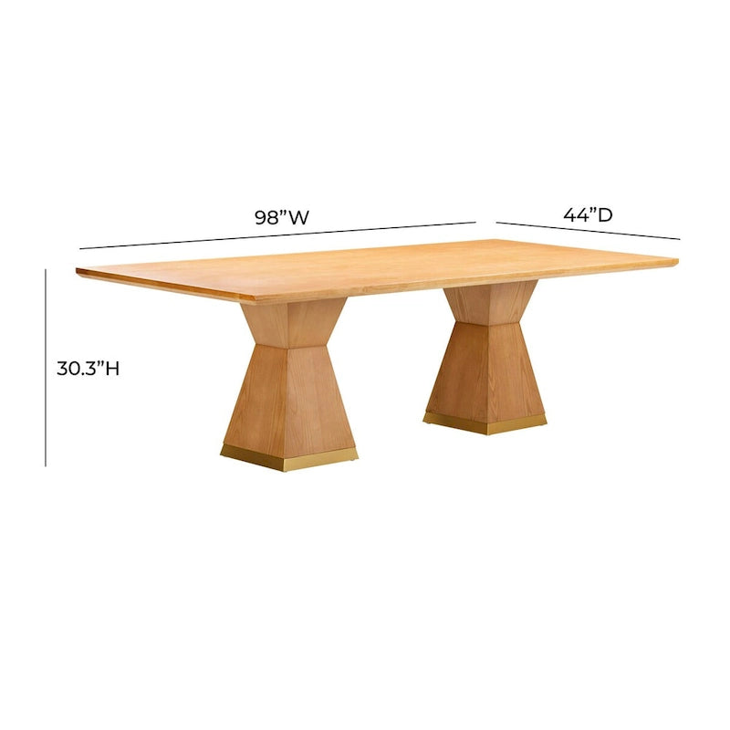 Tavolo da Pranzo Rettangolare in Legno Naturale con Base in Ottone, 8–10 Posti a Sedere