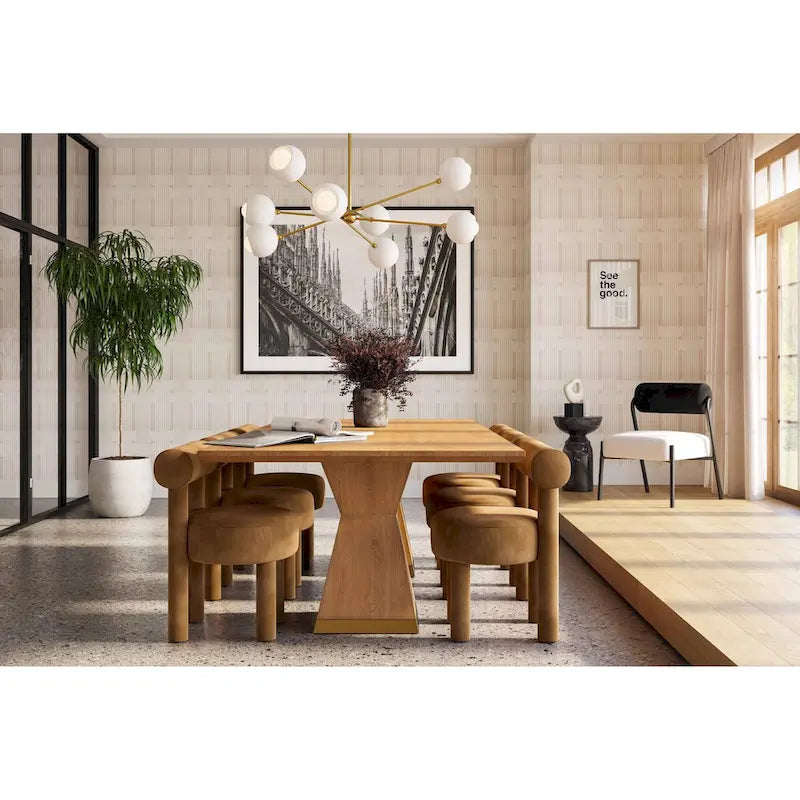 Tavolo da Pranzo Rettangolare in Legno Naturale con Base in Ottone, 8–10 Posti a Sedere